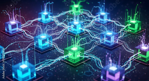 A futuristic digital network of glowing interconnected cubes representing data processing and communication.