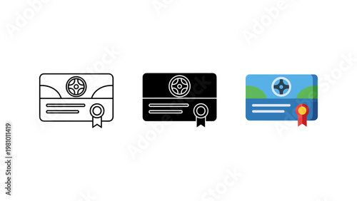 A certificate or driving license icon with a circular emblem represents official documentation and achievement.