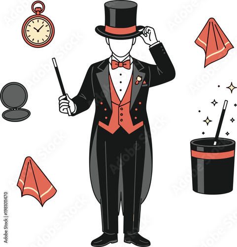 Magician in Tuxedo with Top Hat, Pocket Watch, Wand, and Magic Accessories for Performance and Show