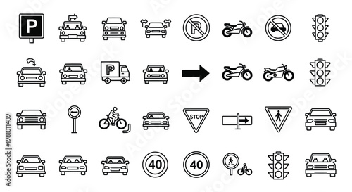 Collection of various black and white traffic and parking signs