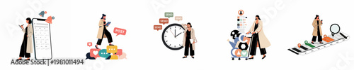 Set of vector illustrations representing a social media manager performing tasks like scheduling, content creation, engagement tracking, and time management in a modern style.