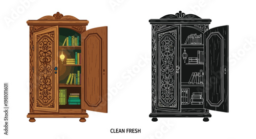 Ornate wooden wardrobe with open doors revealing illuminated books inside