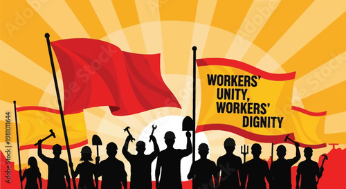 A vibrant illustration of a workers rally with raised flags and fists