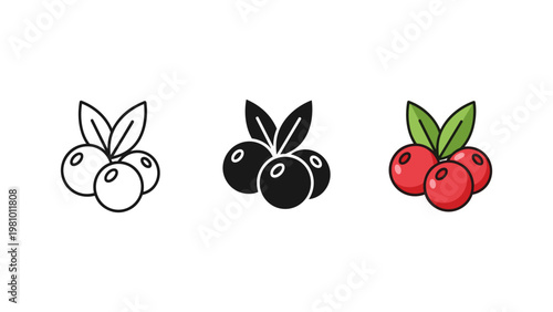 A collection of three simple berry icons, possibly cranberries or blueberries, displayed in different artistic styles.