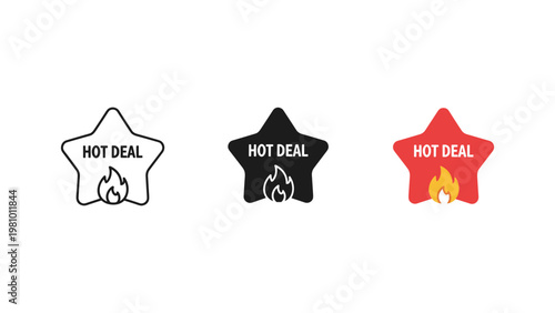 Three graphic illustrations showcasing a "Hot Deal" star icon with a fiery element in different design styles.