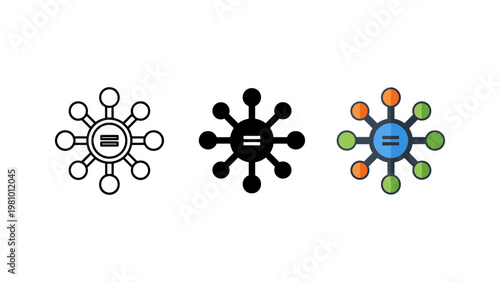 A graphical representation of a centralized hub connecting to multiple points, symbolizing equality or distribution.