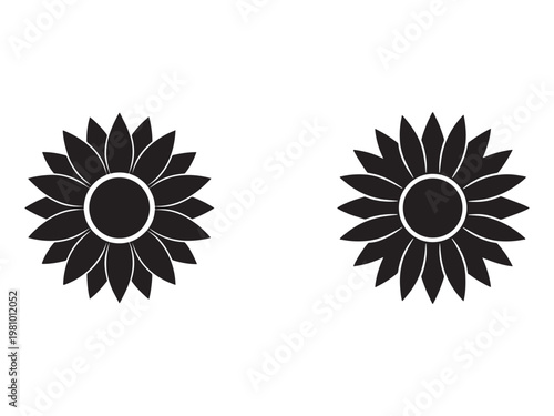 Two black and white sunflowers with white outlines on a plain white background