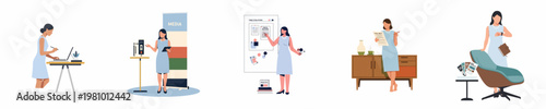 Set of flat illustrations depicting a professional woman engaged in various public relations and media-related business activities.