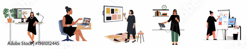 Set of flat illustrations featuring professional women working remotely, conducting video meetings, and managing creative business tasks in diverse home office settings.