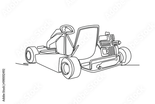 Continuous one line drawing rear view of racing go-kart, exposed engine and seat structure. Mechanical beauty, raw power of entry-level motor sport. Single line draw design vector graphic illustration