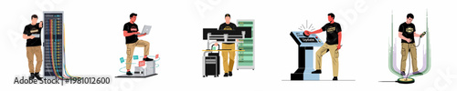 Collection of flat illustrations showing an IT technician managing server racks, updating software, and working with digital infrastructure and technology.