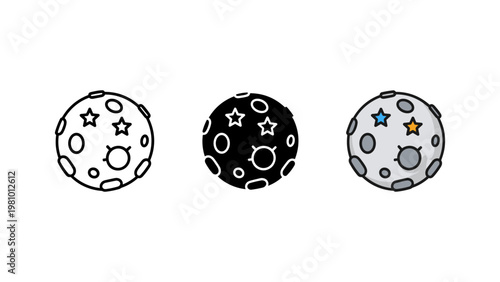 A trio of moon icons showcasing various stylistic interpretations, including a simple outline and a detailed colored version.