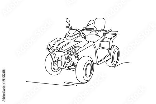 Single continuous line drawing powerful four-wheeled all-terrain vehicle (ATV). Rugged tires and handlebars. Adventure and outdoor recreation branding. One line draw graphic design vector illustration