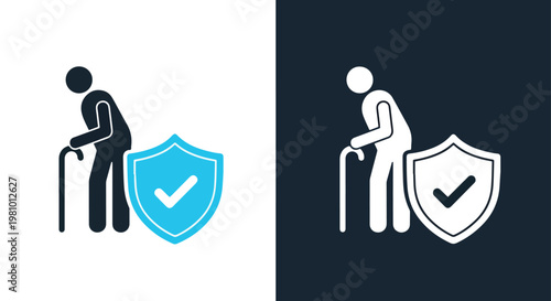 Elderly man shield checkmark graphic - Line and glyph solid icon and logo template - Clipart, sticker - icon set
