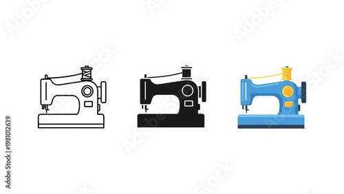 Three different artistic styles of a sewing machine icon are displayed against a white background.