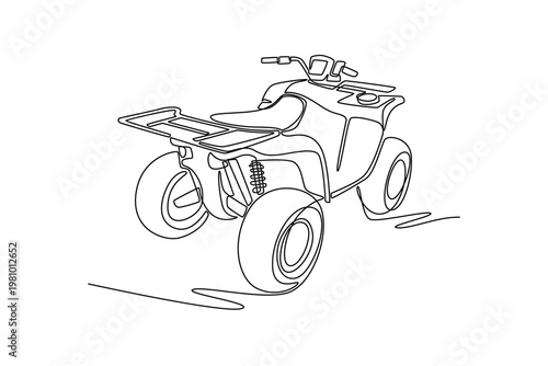 Single continuous line drawing rear perspective of all-terrain vehicle, specifically back rack and suspension system. Off-road utility and recreation. One line draw graphic design vector illustration