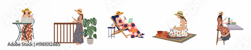 Set of flat illustrations showing a young woman working remotely on her laptop in various summer outdoor settings like a cafe, balcony, and garden.