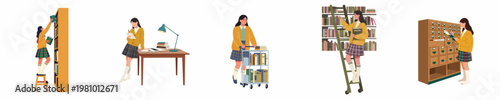 Set of illustrations depicting a schoolgirl librarian performing various tasks such as shelving books, studying at a desk, and using a card catalog.