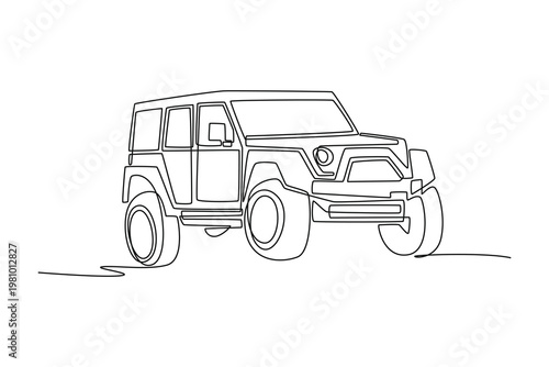 Single one line drawing classic 4x4 SUV rendered with iconic square windows and high-clearance wheel arches. Heavy vehicle for modern branding. Continuous line draw design graphic vector illustration