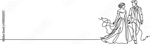 Continuous one line drawing of wedding couple, bride and groom walking together holding hands, minimalist vector illustration of romantic marriage and anniversary.