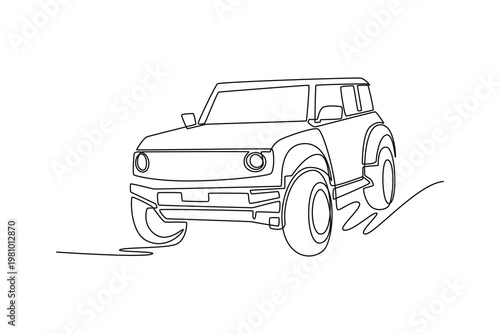 Single one line drawing modern off-road SUV rendered with dynamic aesthetic. Bold front grille, high ground clearance, adventure-themed project. Continuous line draw design graphic vector illustration