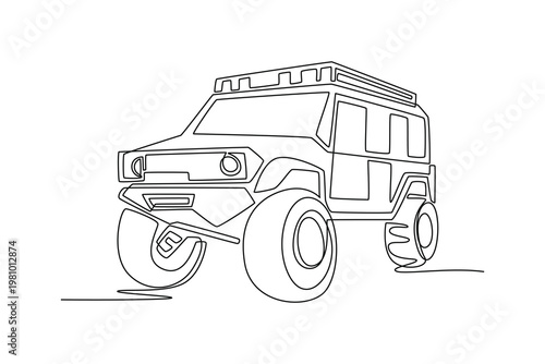 Single one line drawing rugged off-road sport vehicle equipped with a roof rack, large tires. Powerful illustration of outdoor adventure. Modern continuous line draw design graphic vector illustration