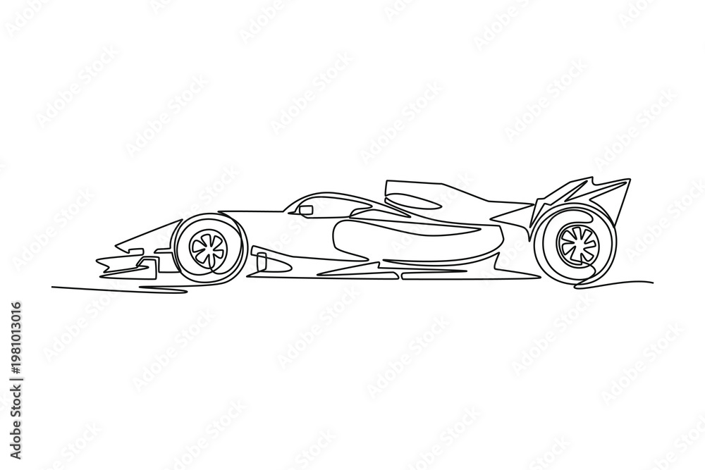 Fototapeta premium Continuous one line drawing side view Formula One racing car. Extremely low ground clearance and elongated aerodynamic body, engineering precision. Single line draw design vector graphic illustration
