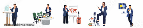 Collection of illustrations showcasing a professional businesswoman in various modern workplace scenarios, including video conferencing, digital presentations, and remote broadcasting.