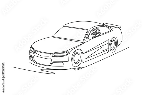Continuous one line drawing professional stock car. Aggressive stance and aerodynamic shape, high-speed motor sports, professional racing branding. Single line draw design vector graphic illustration