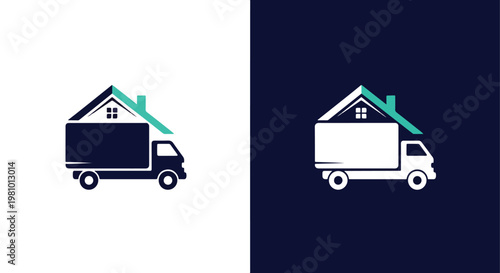 Moving truck with house roof icon - Minimalist, flat icon, outline, glyph, linear, clipart, sticker - icon set