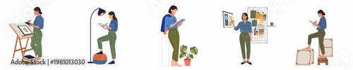 Vector illustration set of a female graphic designer and digital artist working in different poses and creative studio environments.