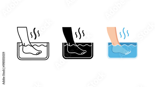 A person's feet soaking in a steaming foot bath are illustrated in three distinct icon styles for relaxation or therapy.