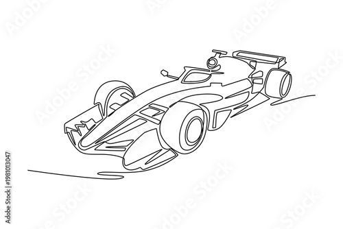 Continuous one line drawing Formula One racing car, emphasizing the intricate front wing and tire detail. High-tech precision, motor sport branding. Single line draw design vector graphic illustration