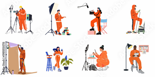 Set of diverse media professionals in orange tracksuits working on various film, photography, and content creation tasks against a white background.