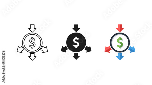 A coin with a dollar sign is shown with arrows pointing inwards and outwards, representing money flow in three icon styles.