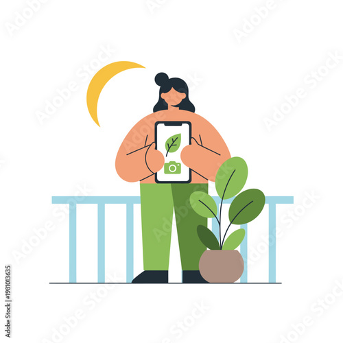 Person Holding Tablet Displaying Plant Illustration On Balcony.