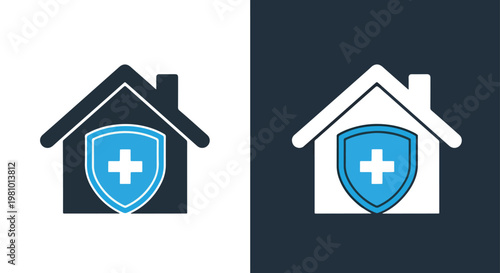 House protected by shield icon - Line and glyph solid icon and logo template - Clipart, sticker - icon set