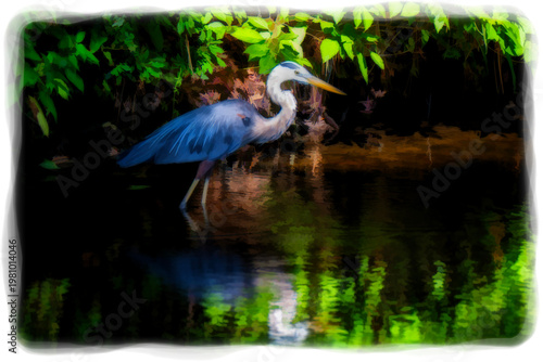 A heron is depicted standing gracefully by a reflective body of water. The bird's delicate pose is highlighted against a background 