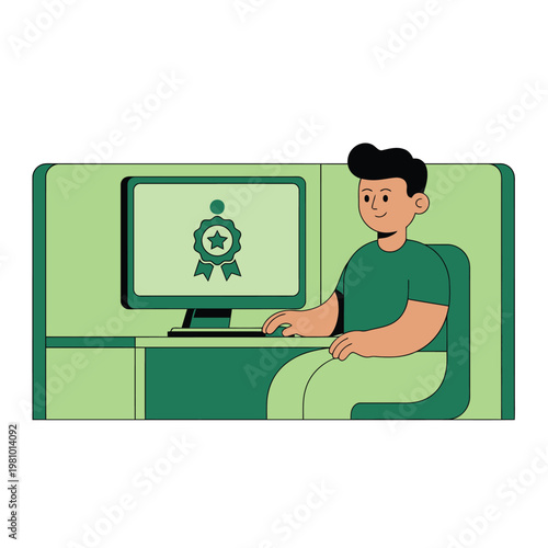 Person Sitting At Computer With Award On Screen Illustration.