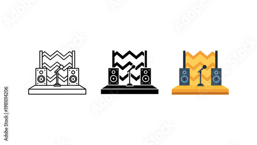 A stage with speakers and a microphone is illustrated in outline, silhouette, and full color.