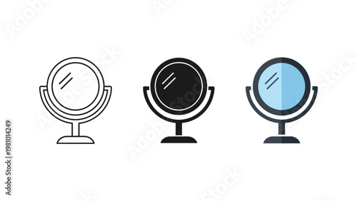 A tabletop mirror is shown in three different icon styles: line art, solid black, and a colored version.