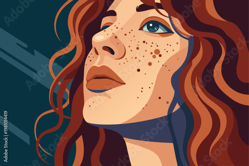 Minimalist Flat Vector Portrait of a Beautiful Young Woman with Freckles and Auburn Curly Hair for Skincare Branding Natural Beauty and Self-Acceptance Concepts

