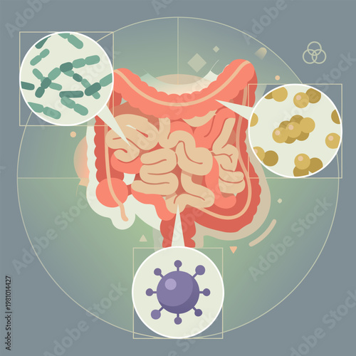 Gut Health Microbiome Infographic Vector with Intestinal Bacteria and Probiotics for Digestive Wellness Medical Education and Supplement Marketing
