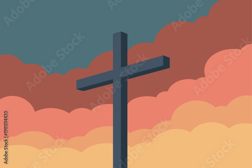 Minimalist Christian Cross Flat Vector Illustration with Sunset Clouds for Religious Faith Hope Spirituality and Church Branding Design Projects
