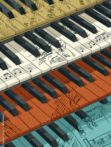 Abstract Piano Keyboards and Sheet Music Flat Vector Illustration for Music Education, Creative Composition, Studio Production, and Performance Marketing Concepts.
