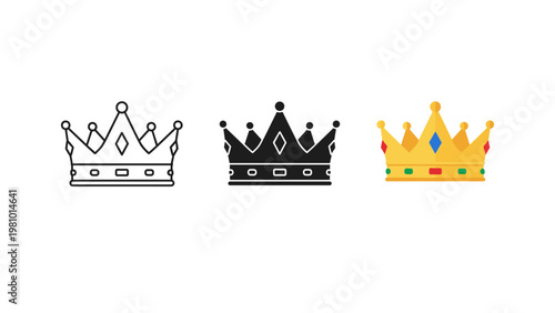 Three stylized crown icons in outline, silhouette, and colorful versions against a white background.