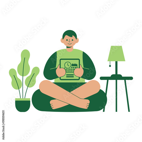 Young person illustration sitting cross legged holding money.