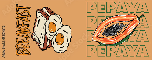 Breakfast and papaya vector graphic. Vintage food artwork for t shirt. Eggs toast and fruit design. Morning meal poster. Healthy food print.