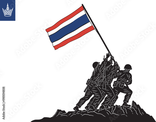 Soldiers Raising Thailand Flag Silhouette on Mountain Representing National Pride Victory Bravery Patriotism Military Strength and Thai Heritage Flat Vector Illustration