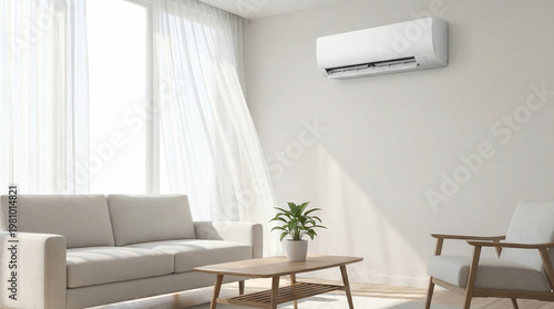 White Modern Air Conditioner Cool Breeze Interior Design. Sleek wall-mounted air conditioning unit in bright minimalist living room with flowing sheer curtains, no people